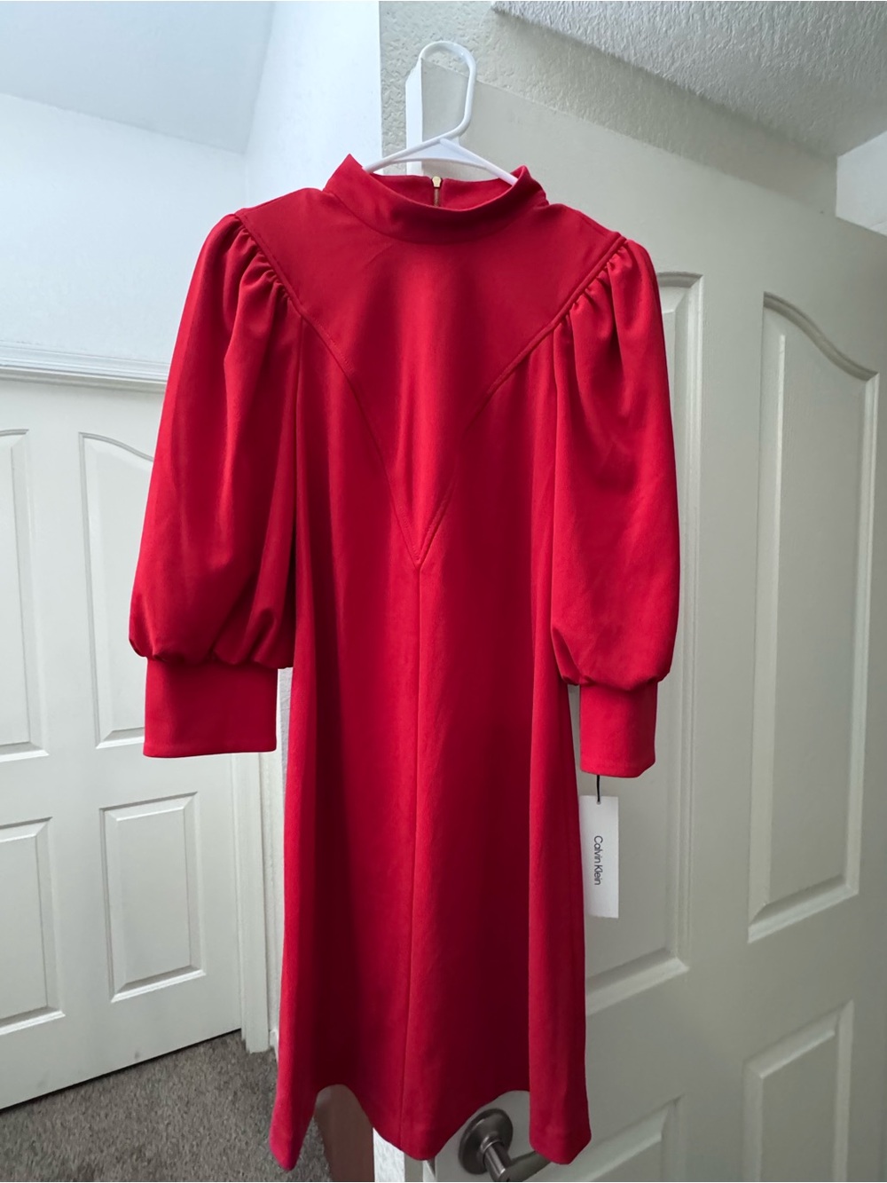 Calvin Klein Scarlet Puff-Sleeve Midi Dress